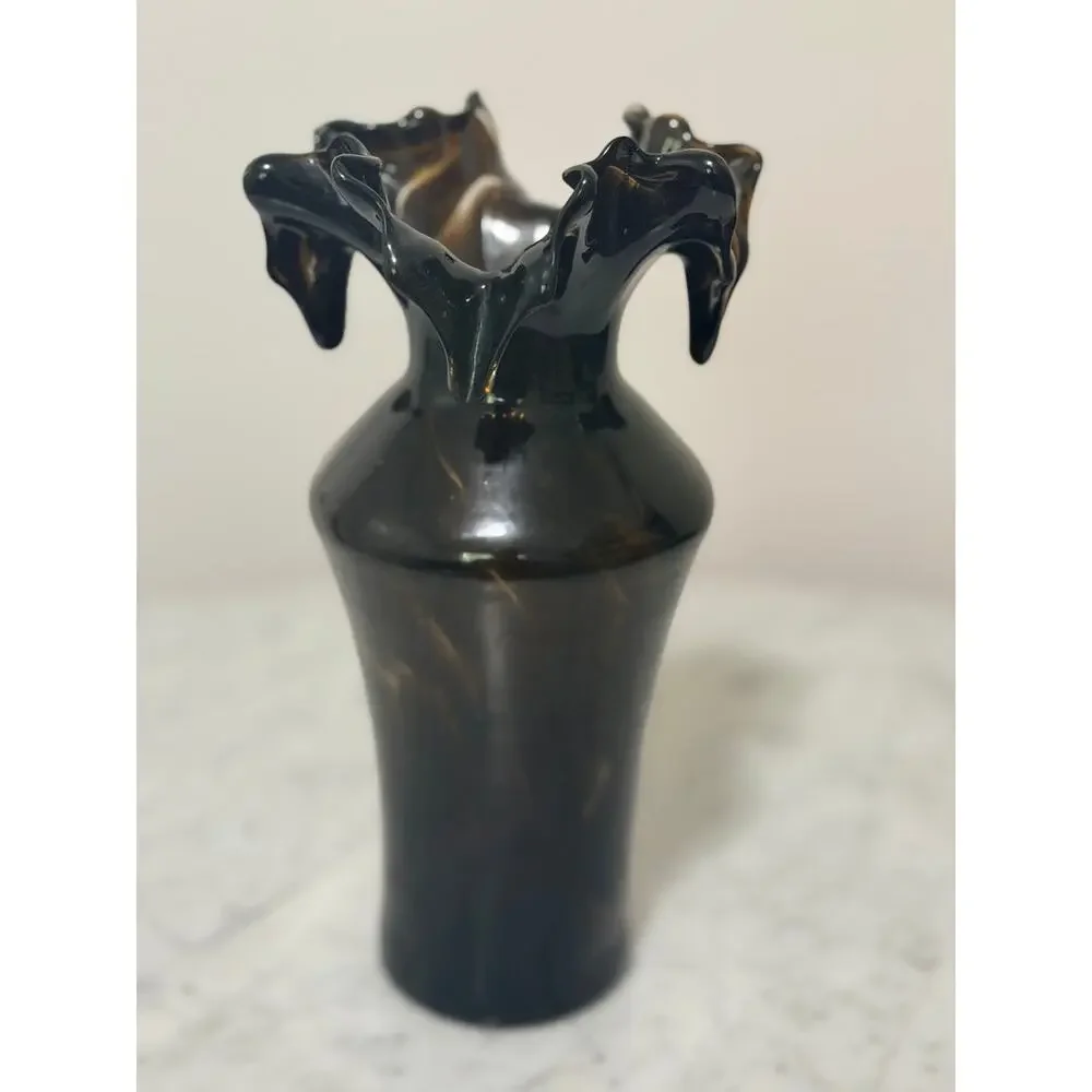 Vintage Black Amethyst Art Glass Vase 9” Hand-Blown Ruffled Crimped Rim